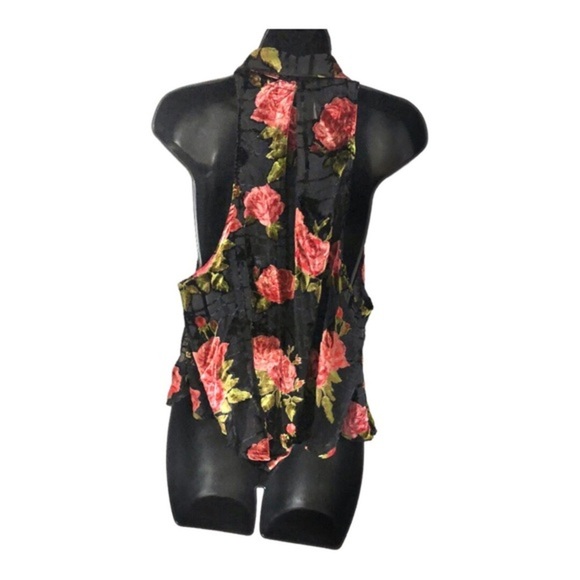 Free People black sheer velvet dark floral cowlneck tie‎ neck blouse size medium - Picture 15 of 16